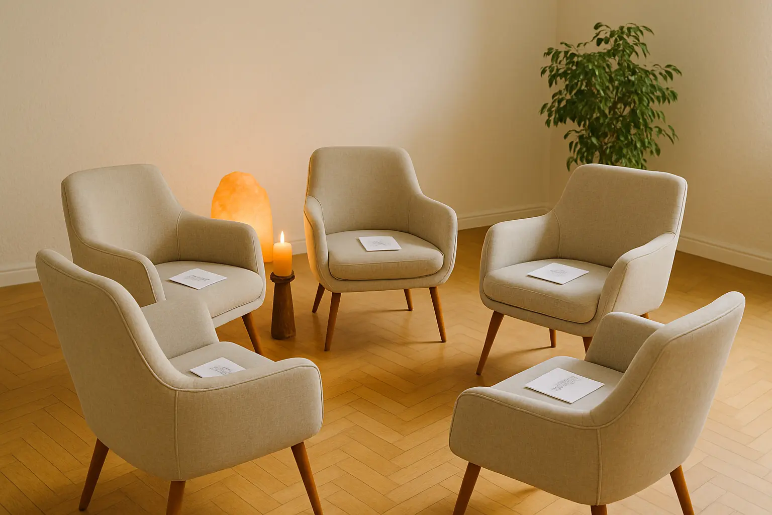 Gemütlicher Coaching-Raum mit Stuhlkreis, warmer Beleuchtung, Salzlampe und Pflanzen